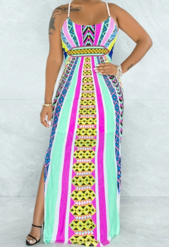 AQUA PRINT SIDE SLIT OPEN BACK MAXI